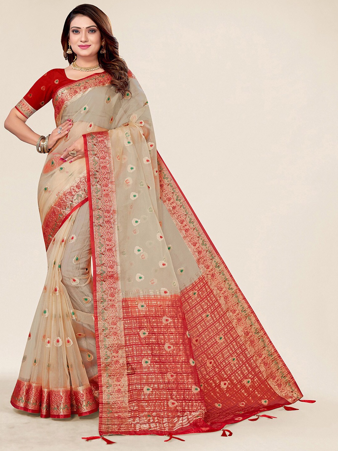 

Ishin Floral Woven Design Zari Organza Saree, Beige