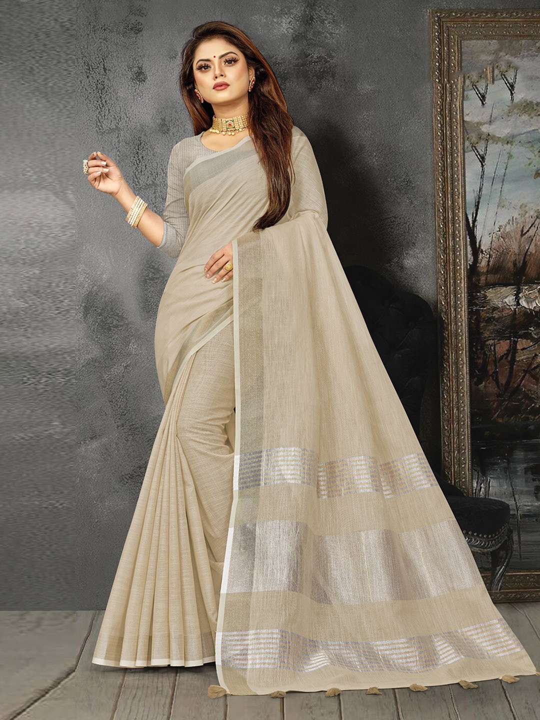 

Ishin Beige Woven Design Zari Saree