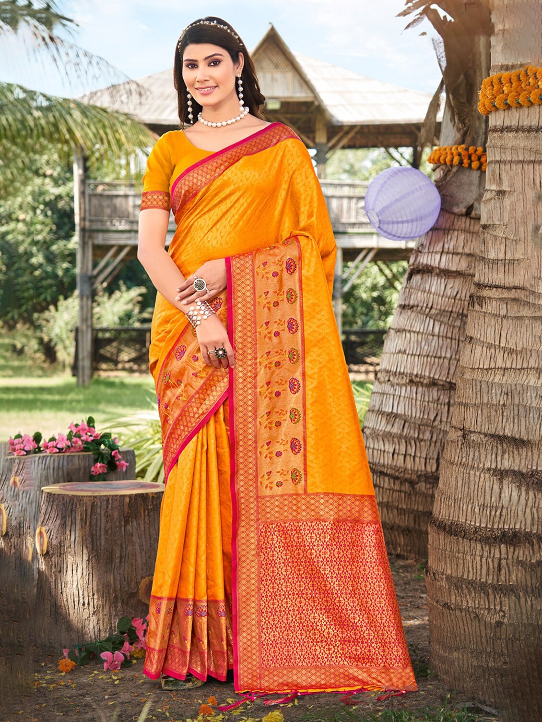

Ishin Floral Zari Printed Banarasi Saree, Mustard