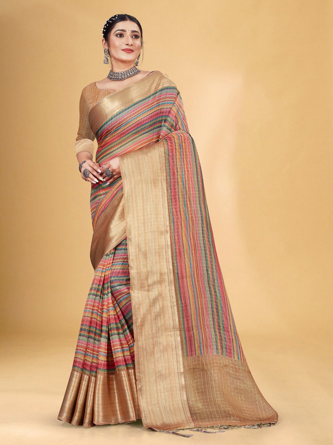 

Ishin Striped Printed Zari Organza Saree, Pink