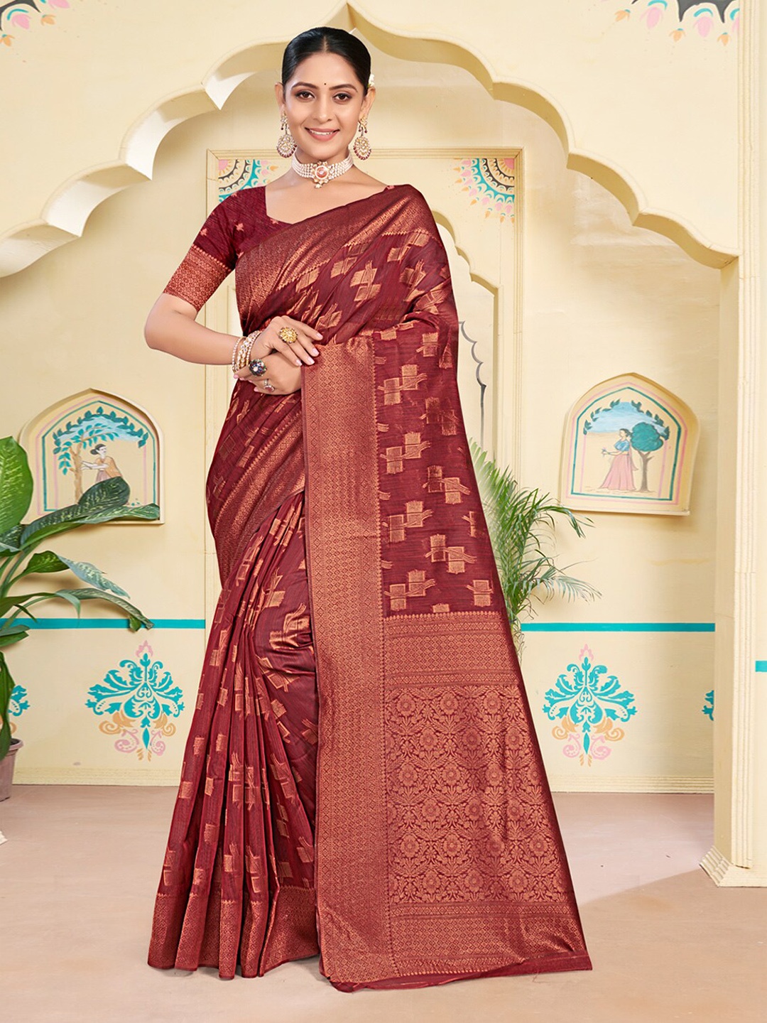 

Ishin Red Ethnic Motifs Woven Design Zari Saree