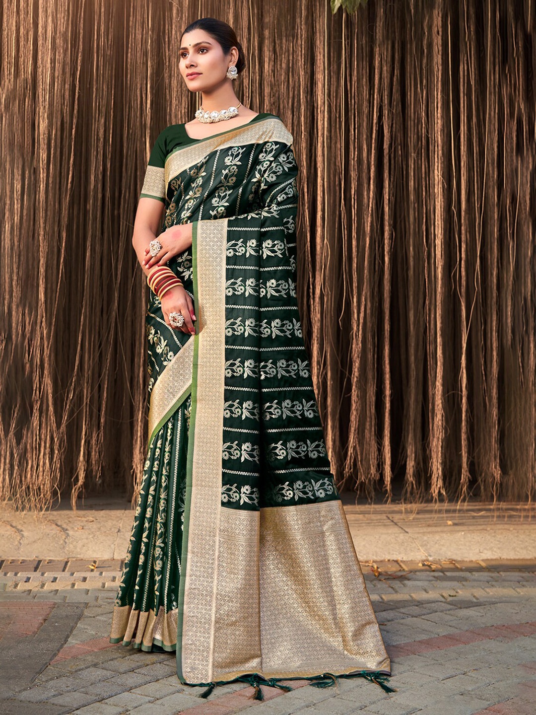 

Ishin Green Floral Woven Design Zari Satin Saree