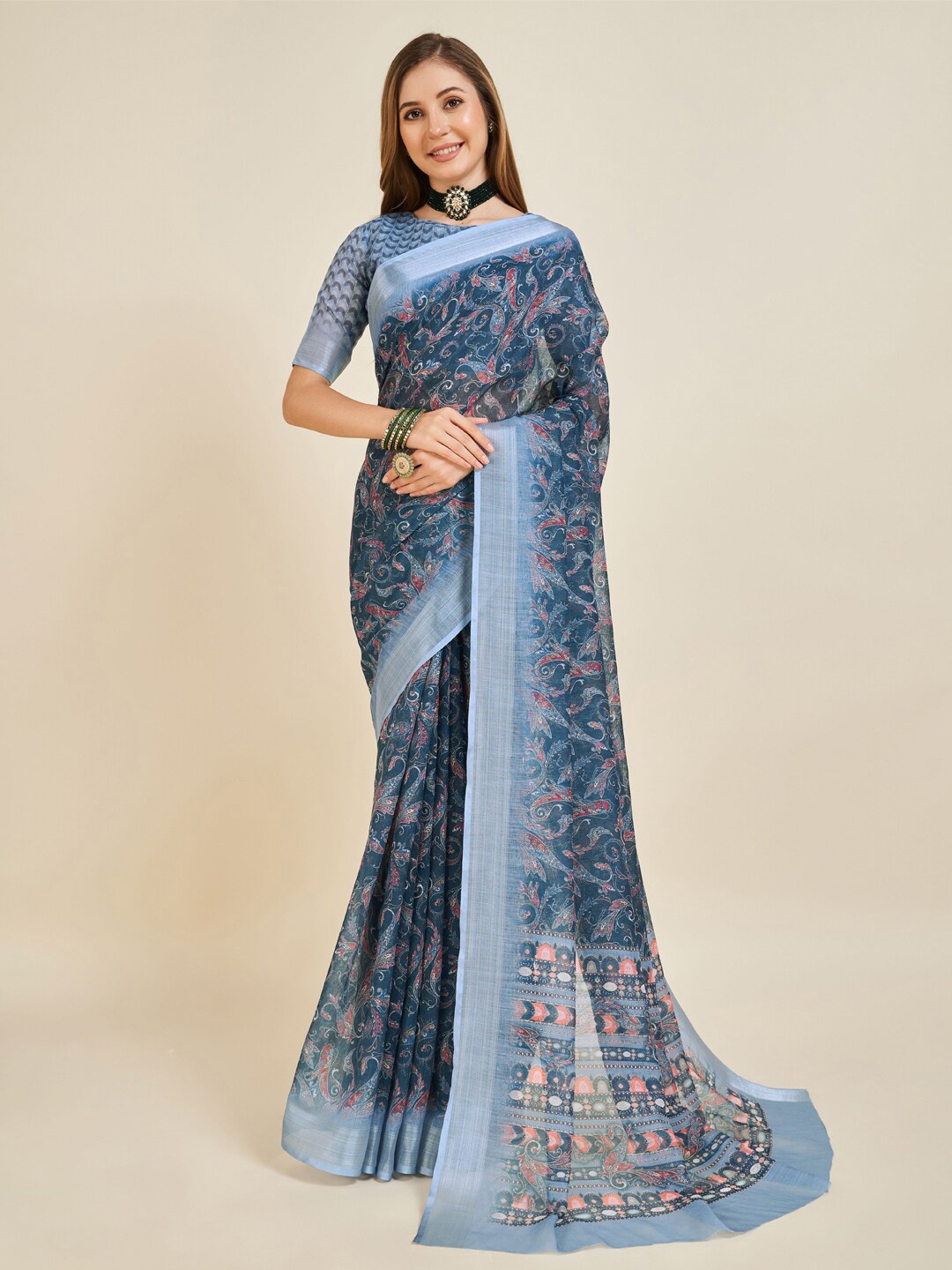 

Ishin Navy Blue Floral Printed Zari Saree