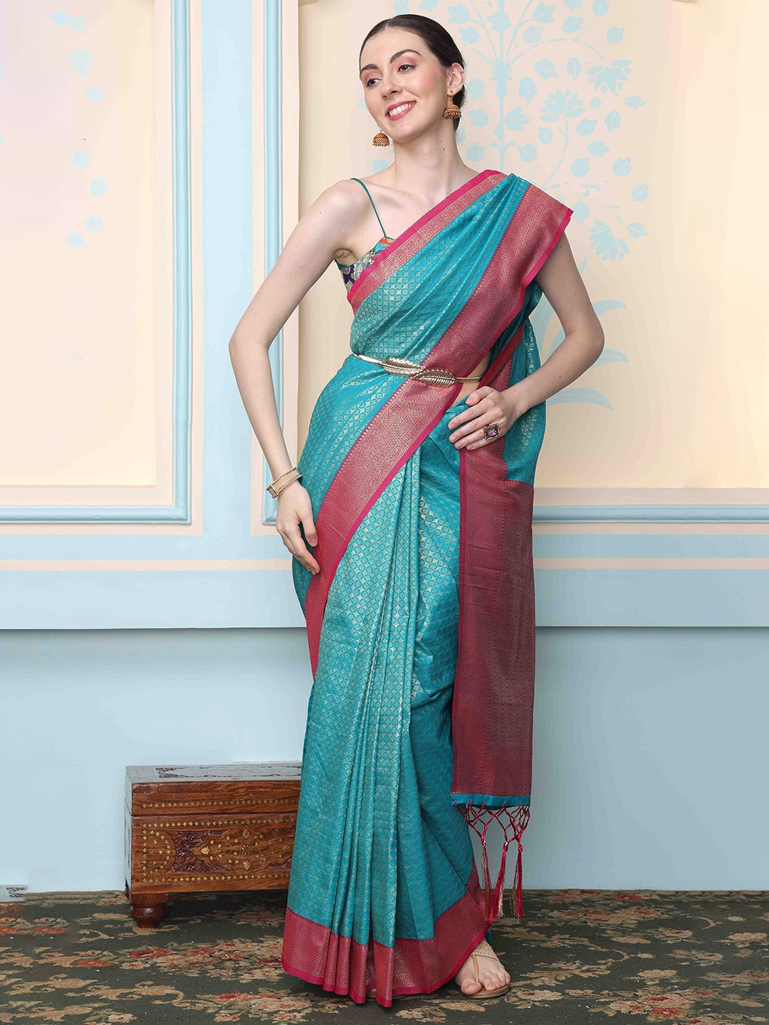 

Ishin Checked Woven Design Zari Banarasi Saree, Sea green