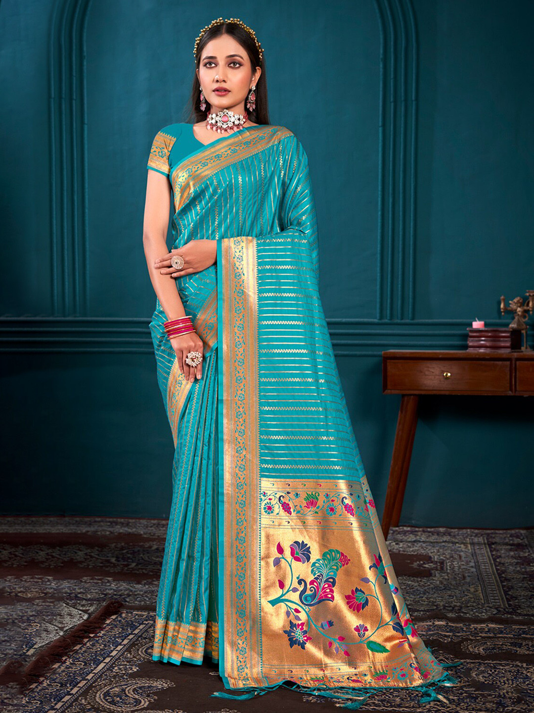 

Ishin Striped Woven Design Paithani Saree, Turquoise blue