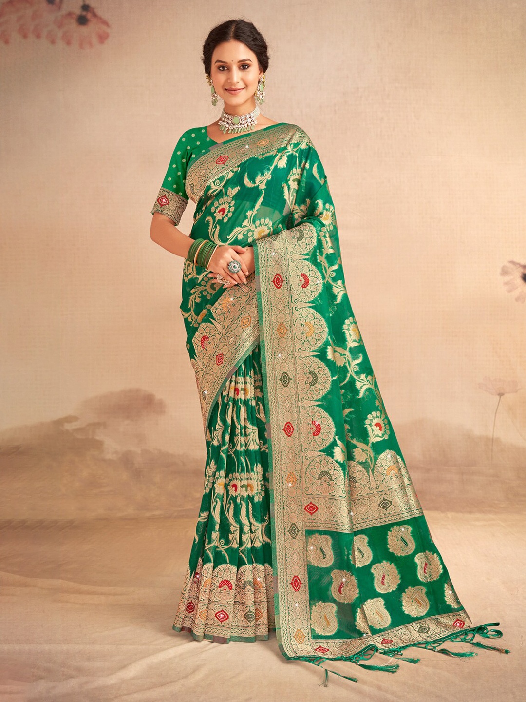 

Ishin Green Ethnic Motifs Woven Design Zari Organza Saree