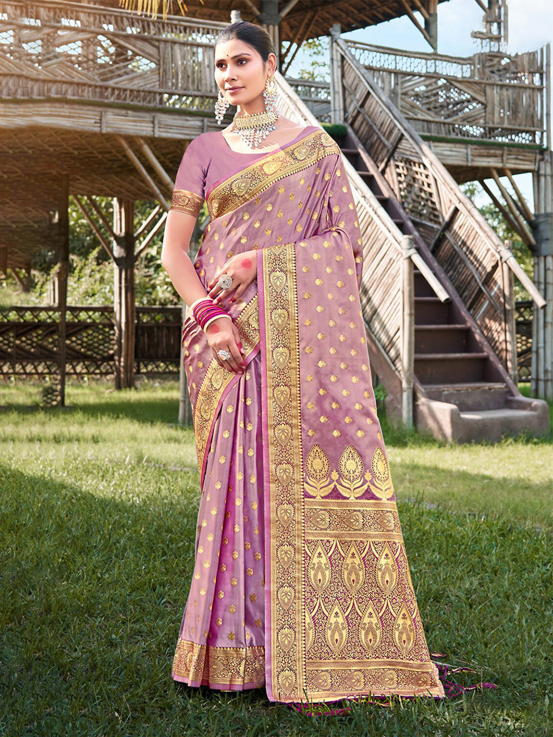 

Ishin Floral Woven Design Zari Satin Saree, Purple