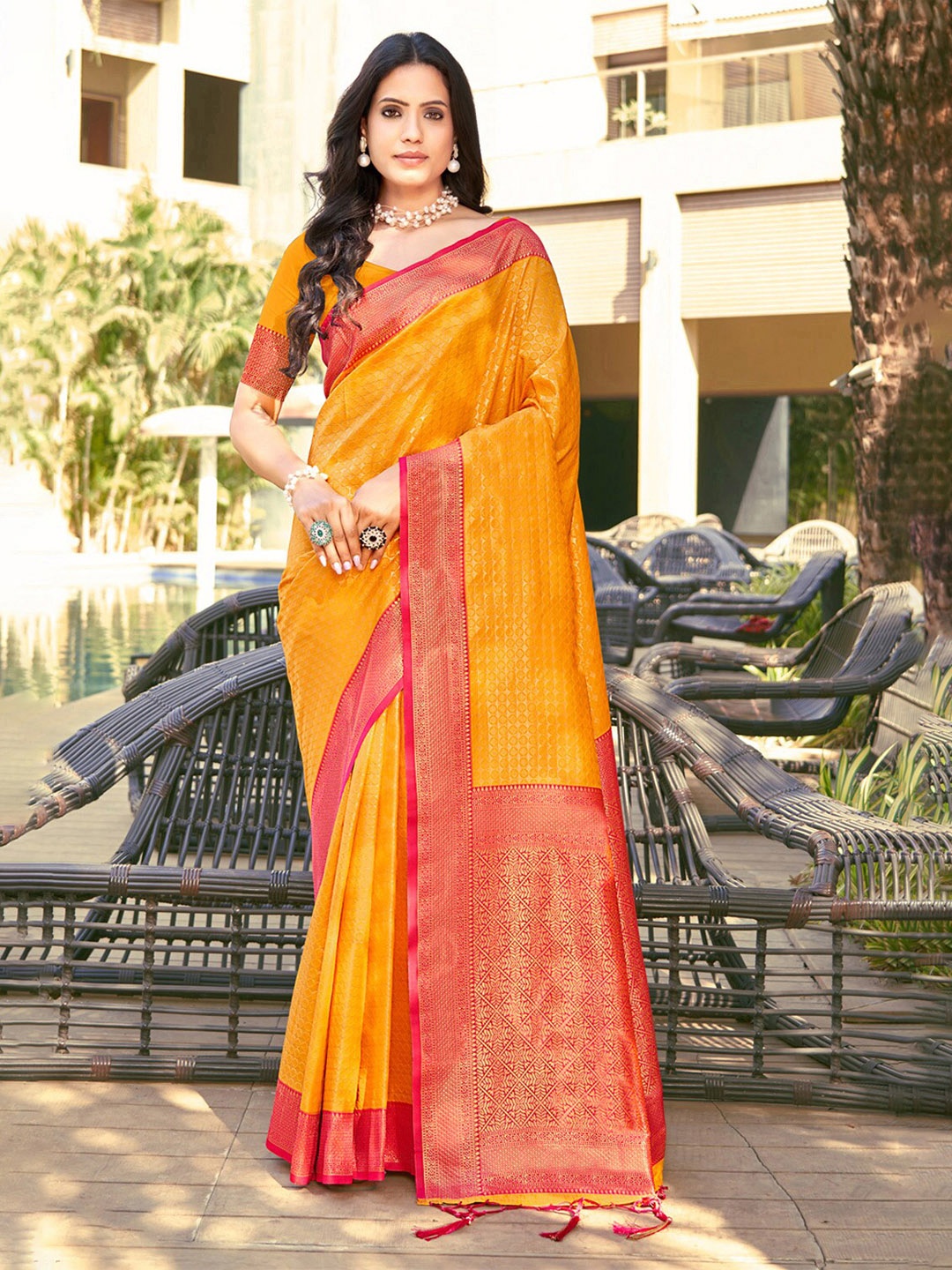 

Ishin Ethnic Motifs Woven Design Zari Banarasi Saree, Mustard