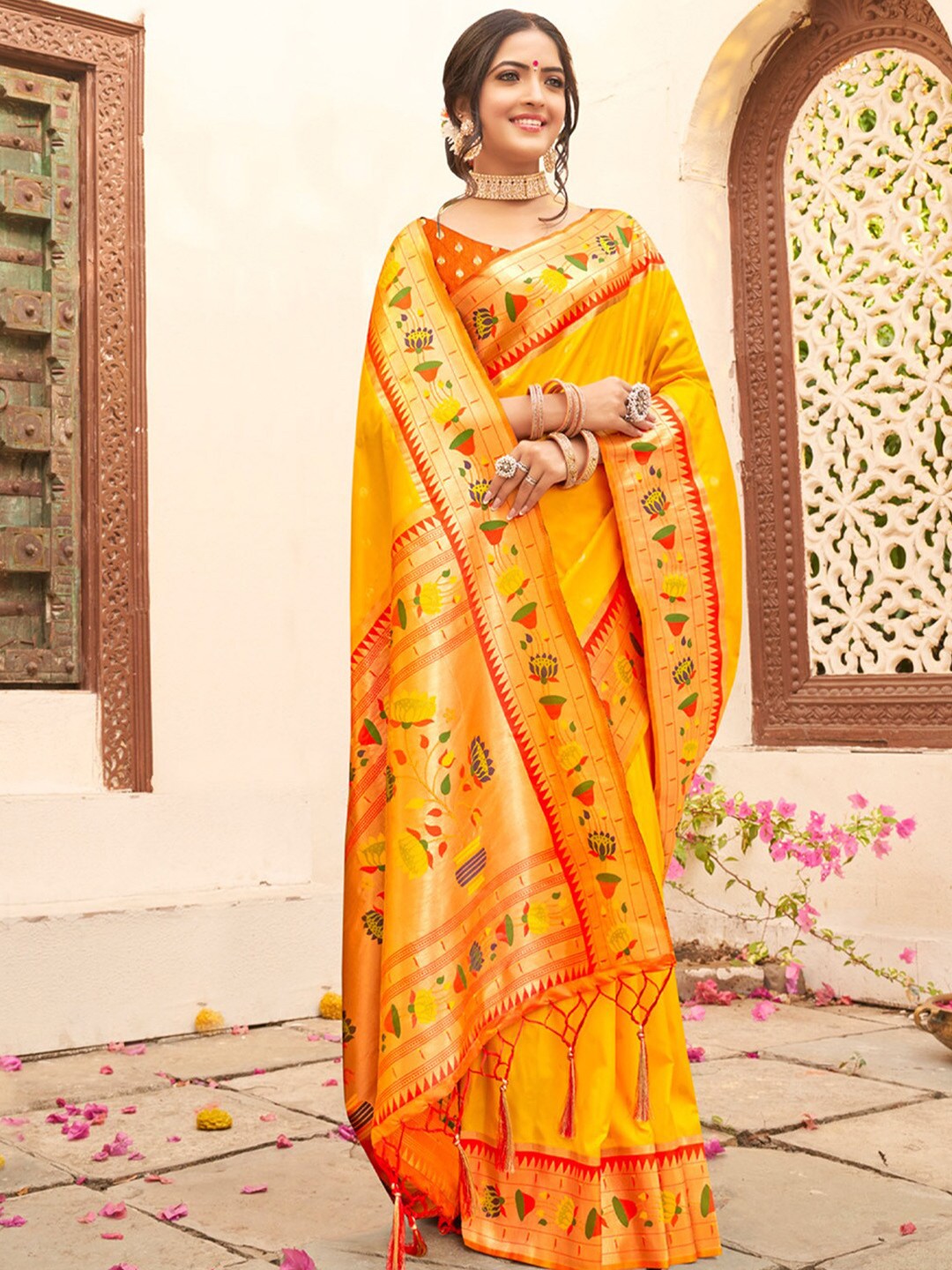 

Ishin Orange Ethnic Motifs Woven Design Zari Paithani Saree