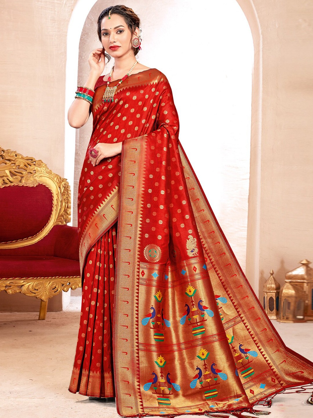

Ishin Ethnic Motifs Woven Design Zari Paithani Saree, Red