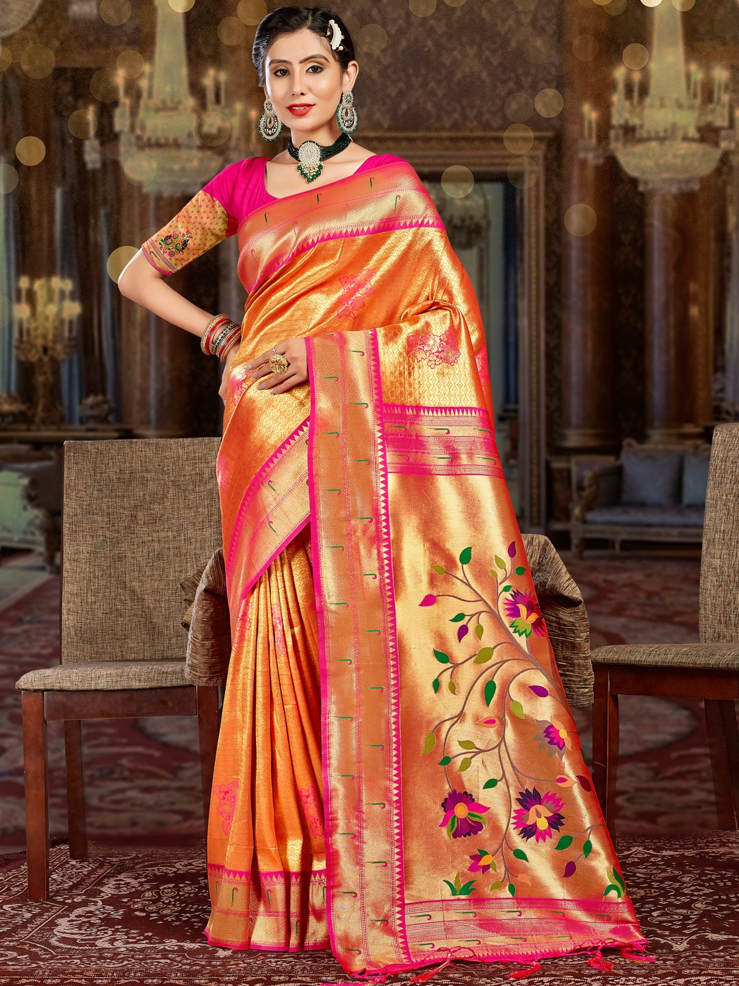 

Ishin Floral Zari Paithani Printed Saree, Yellow