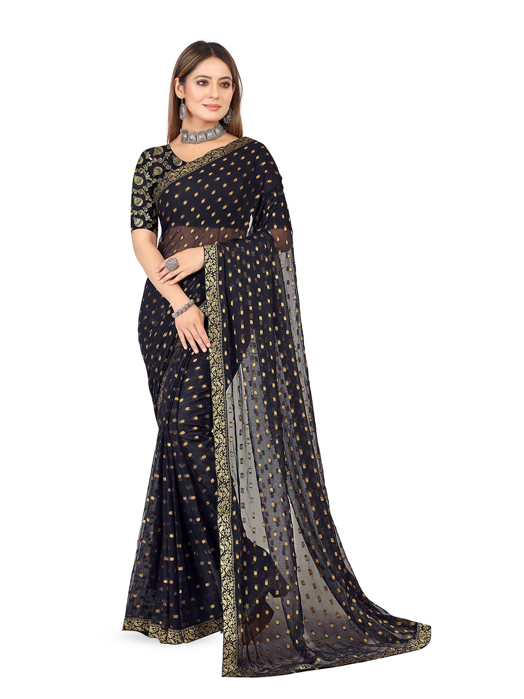

Aardiva Ethnic Motifs Woven Design Zari Pure Chiffon Saree, Black
