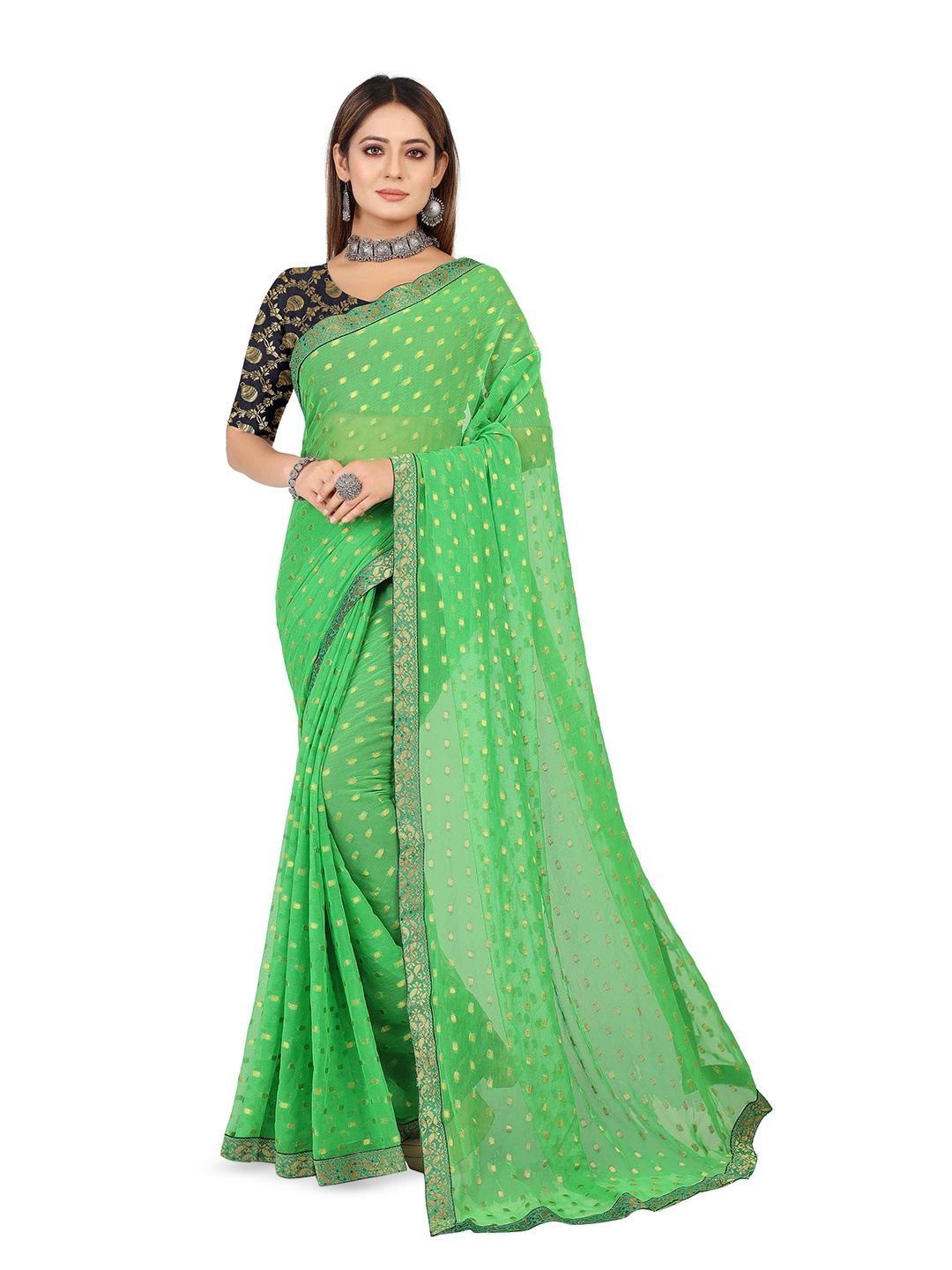 

Aardiva Ethnic Motifs Woven Design Zari Pure Chiffon Saree, Green