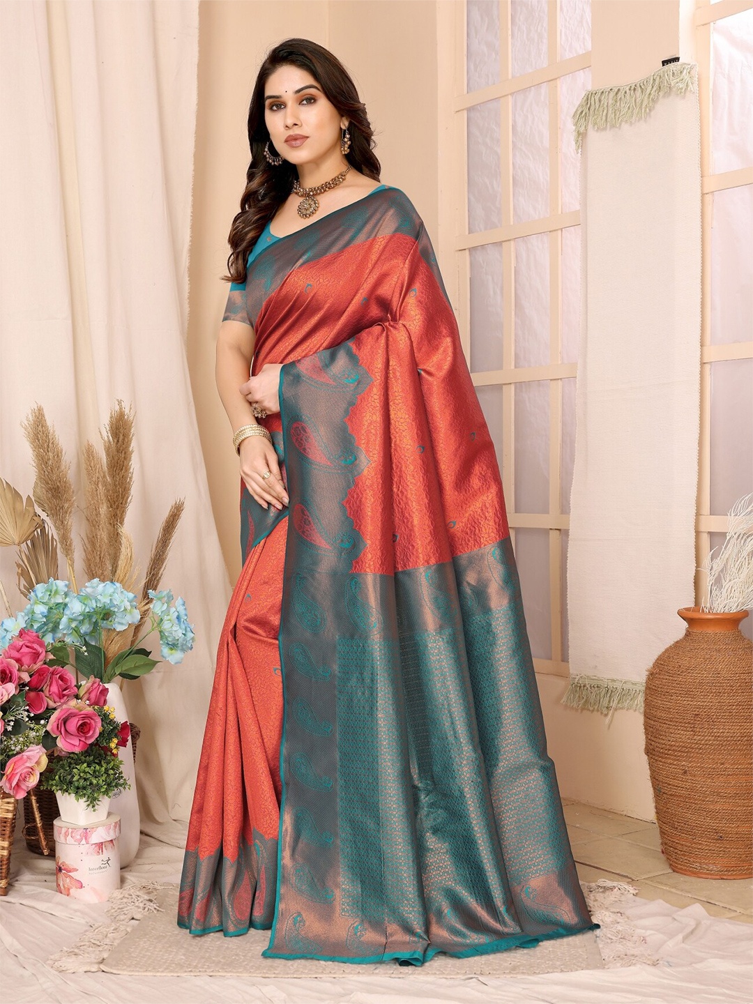 

vj fashion Woven Design Kanjeevaram Zari Saree, Orange