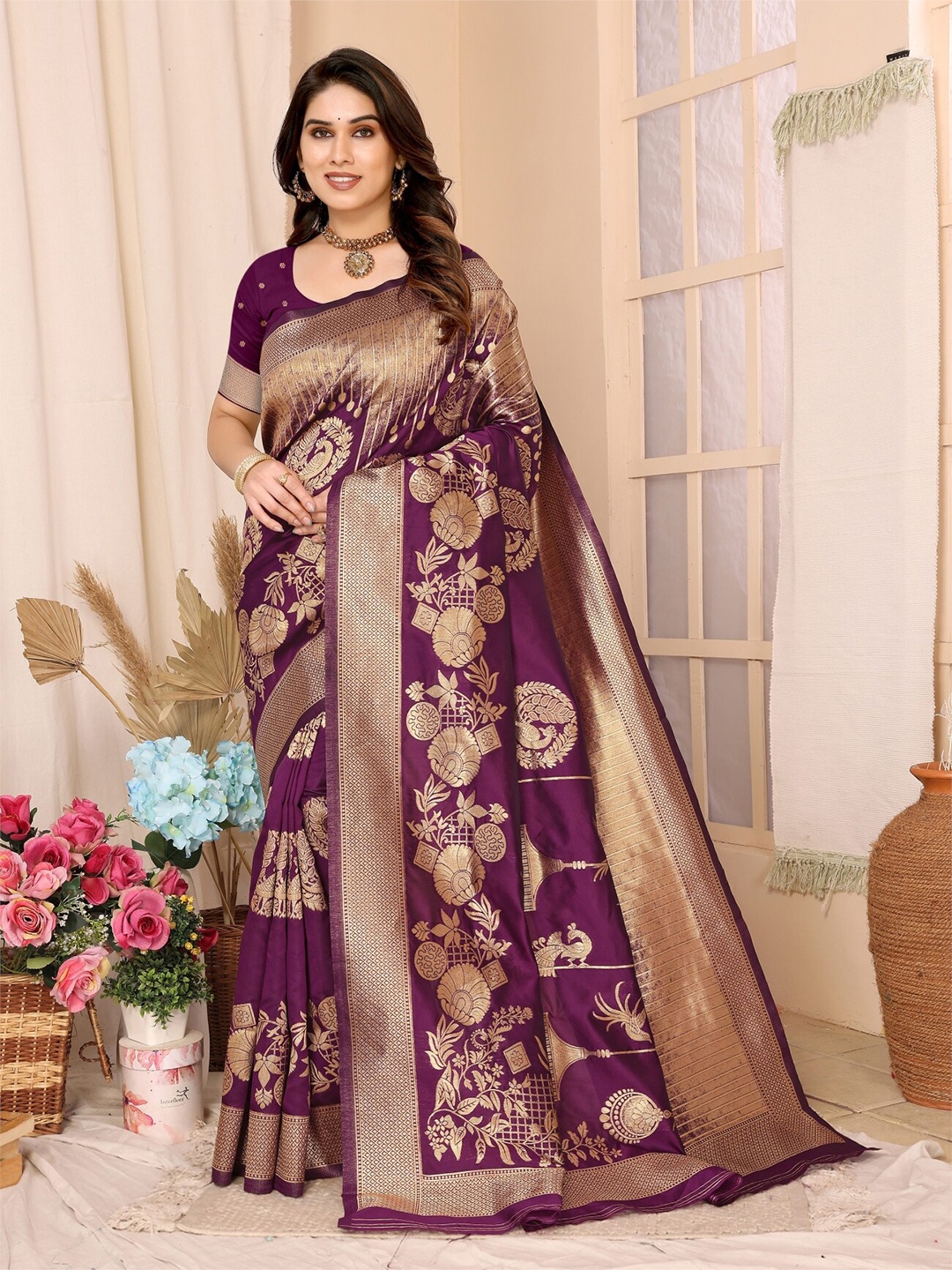 

vj fashion Woven Design Paithani Zari Saree, Violet