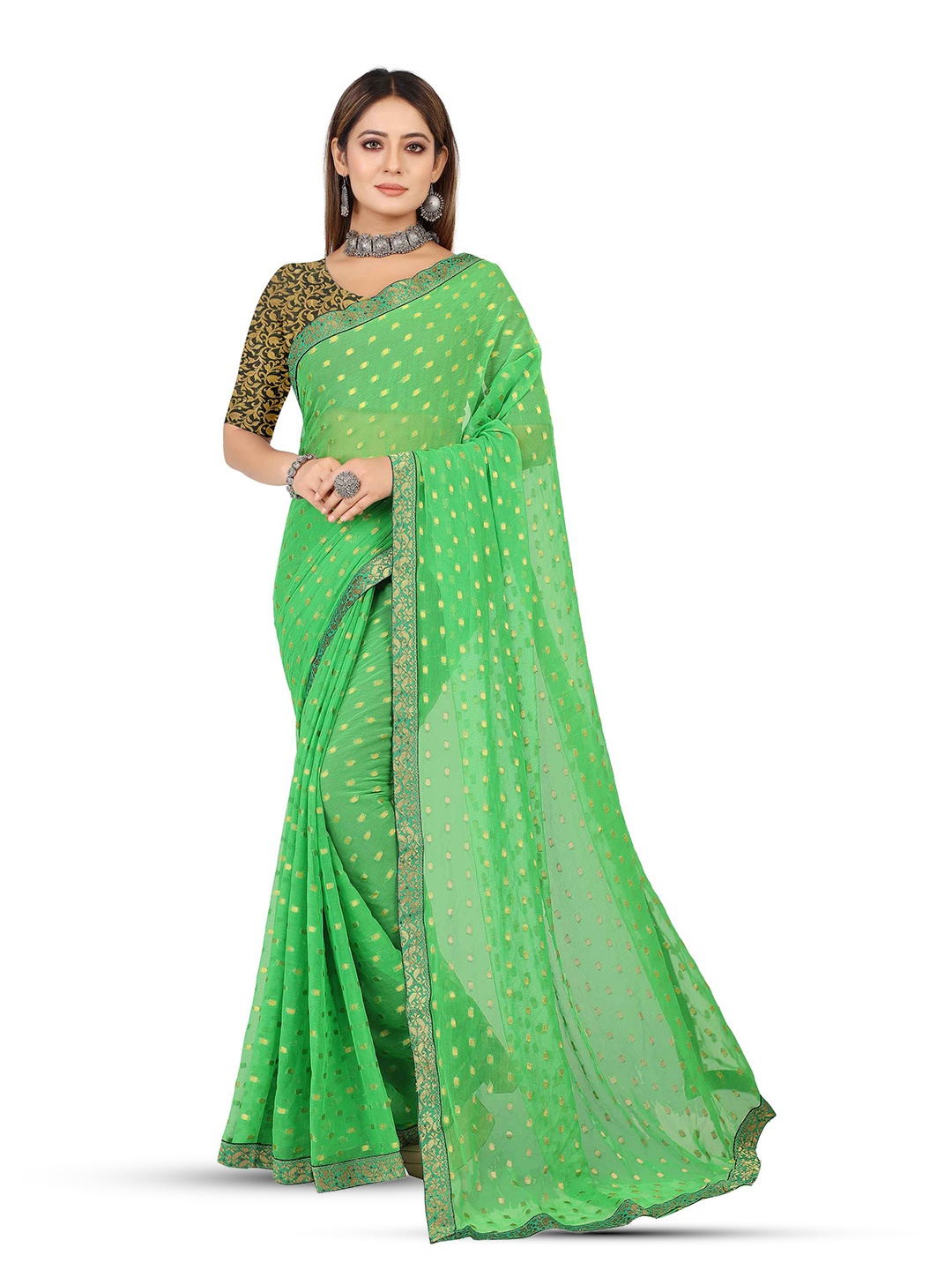 Aardiva Woven Design Pure Chiffon Saree, Green