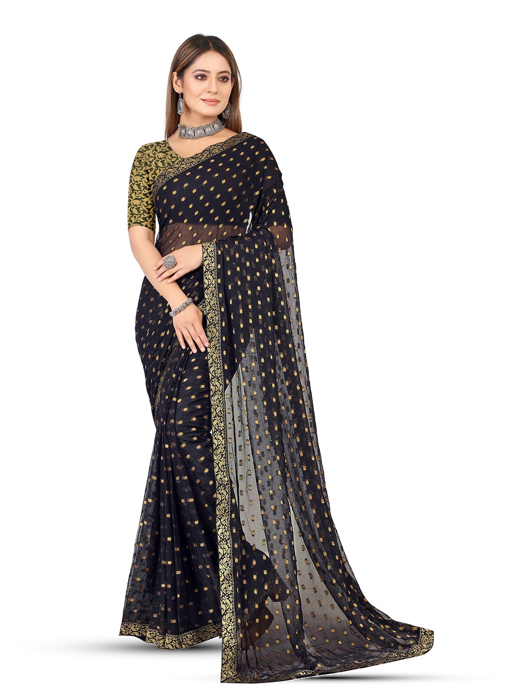 

Aardiva Woven Design Zari Pure Chiffon Saree, Black