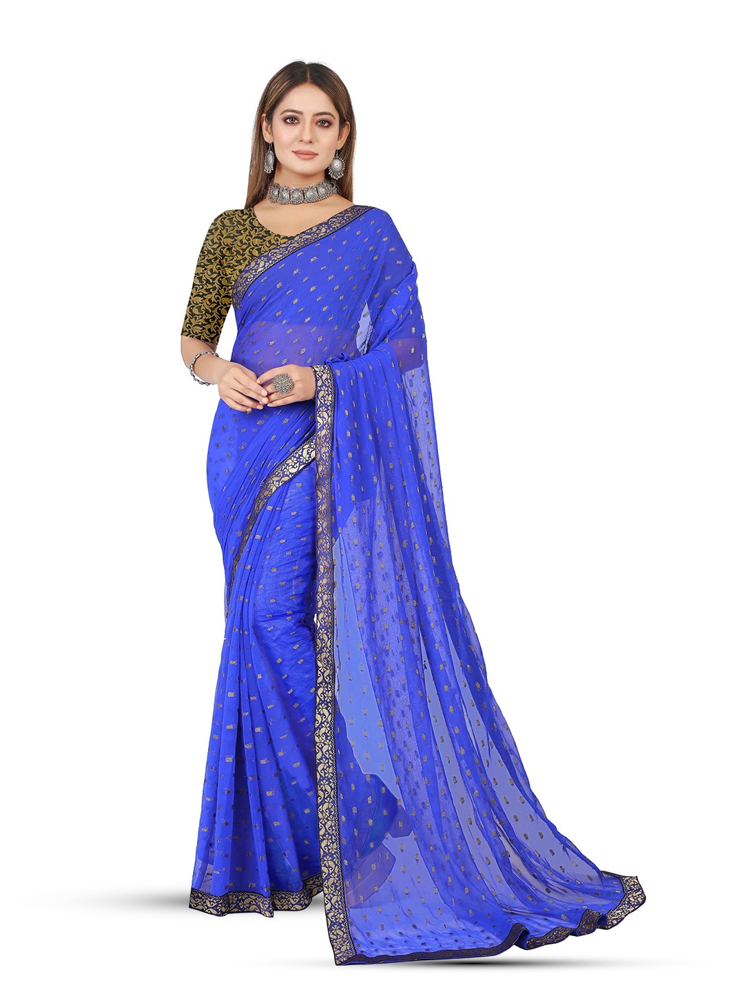 

Aardiva Ethnic Motifs Woven Design Zari Pure Chiffon Saree, Blue