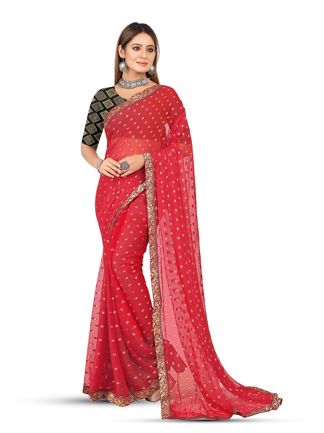 

Aardiva Ethnic Motifs Woven Design Zari Pure Chiffon Saree, Red