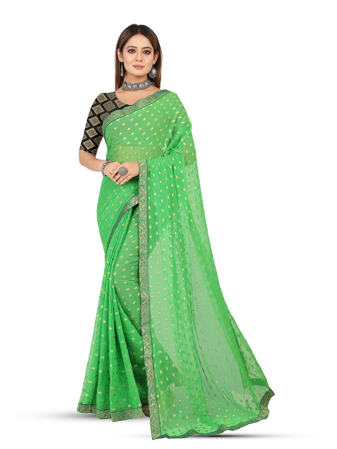 

Aardiva Ethnic Motifs Woven Design Zari Pure Chiffon Saree, Green