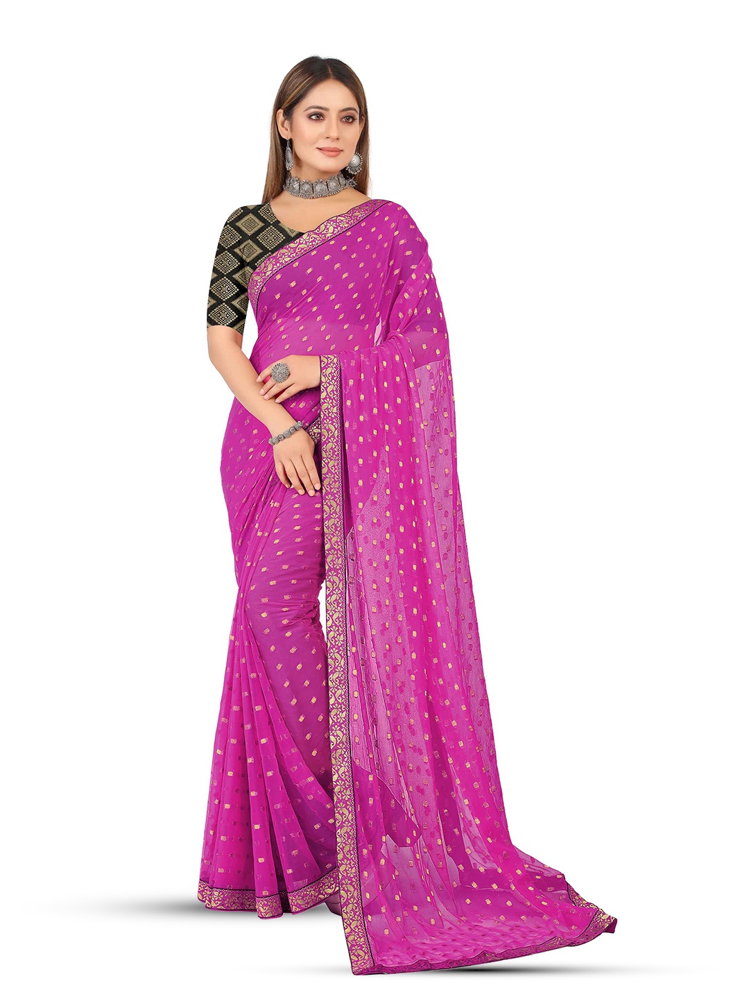 

Aardiva Ethnic Motifs Woven Design Zari Pure Chiffon Saree, Pink