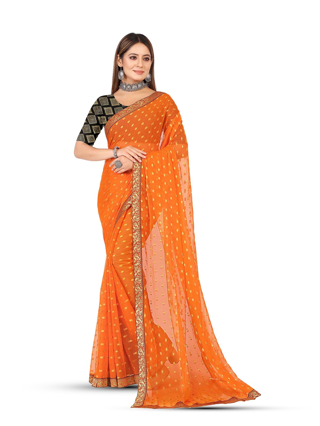 

Aardiva Ethnic Motifs Zari Pure Chiffon Saree, Orange