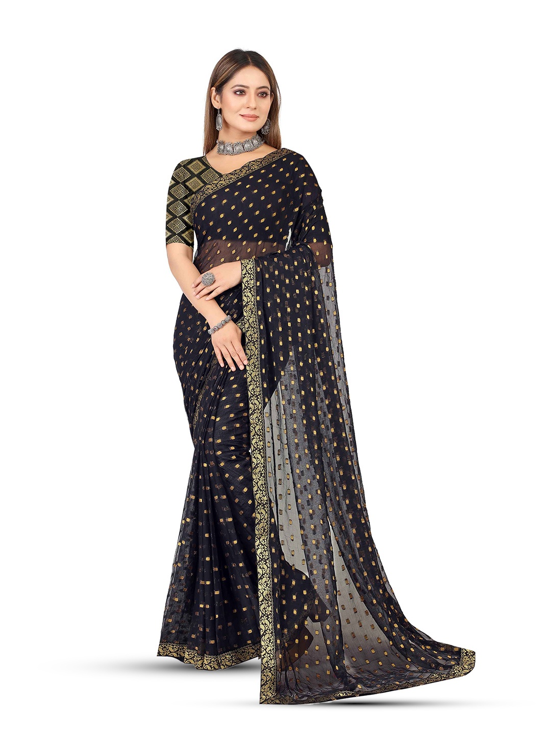 

Aardiva Ethnic Woven Design Zari Pure Chiffon Saree, Black