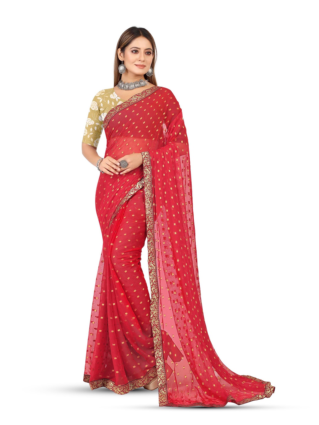 

Aardiva Ethnic Motifs Woven Design Zari Pure Chiffon Saree, Red
