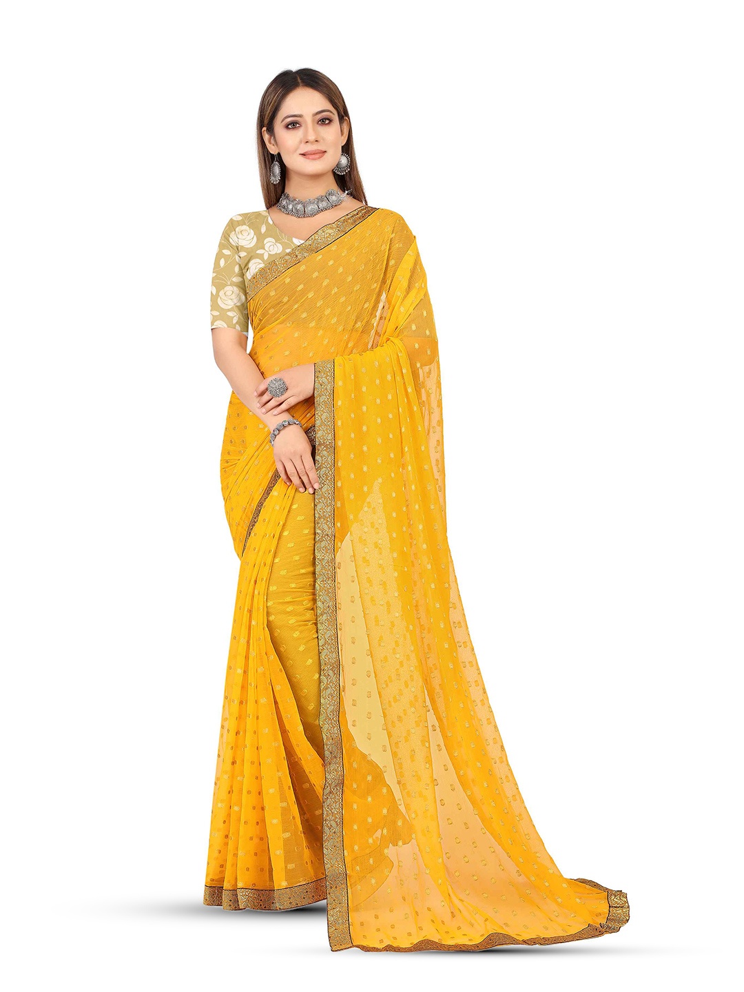 

Aardiva Ethnic Motifs Woven Design Zari Pure Chiffon Saree, Yellow