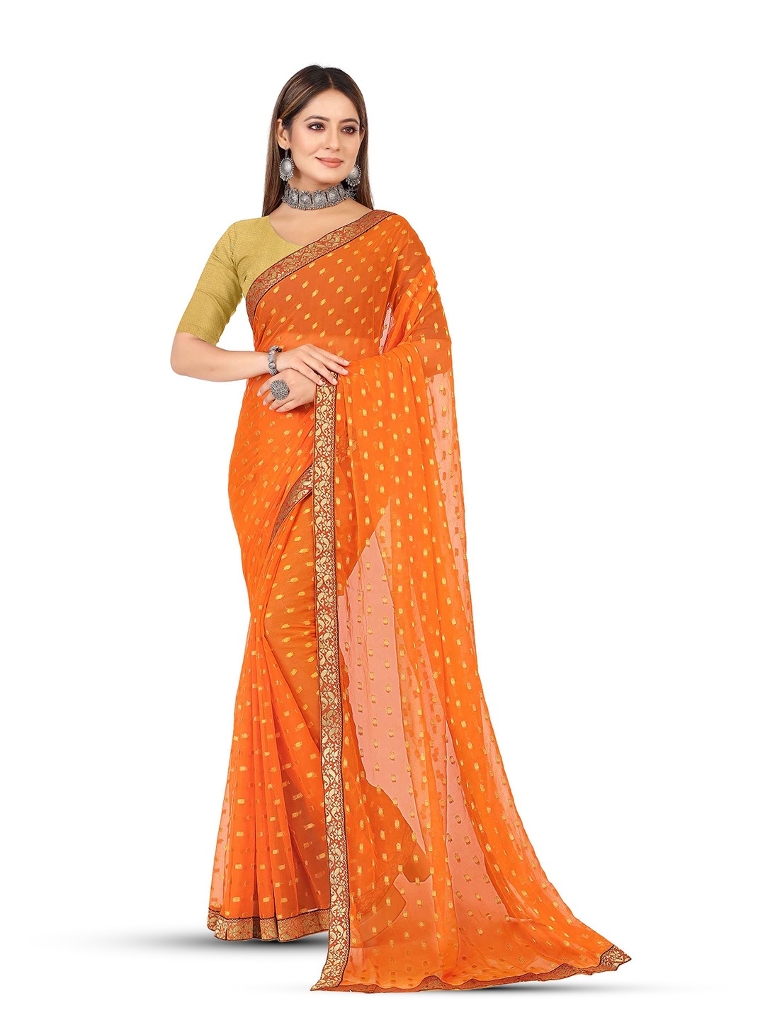 Aardiva Woven Design Zari Pure Chiffon Saree, Orange