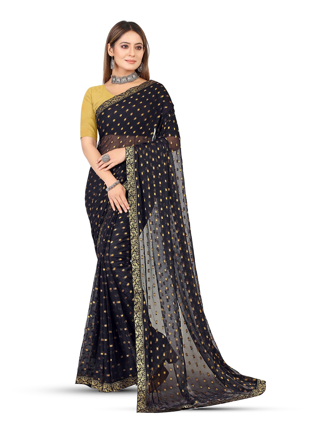 Aardiva Ethnic Motifs Zari Pure Chiffon Saree, Black
