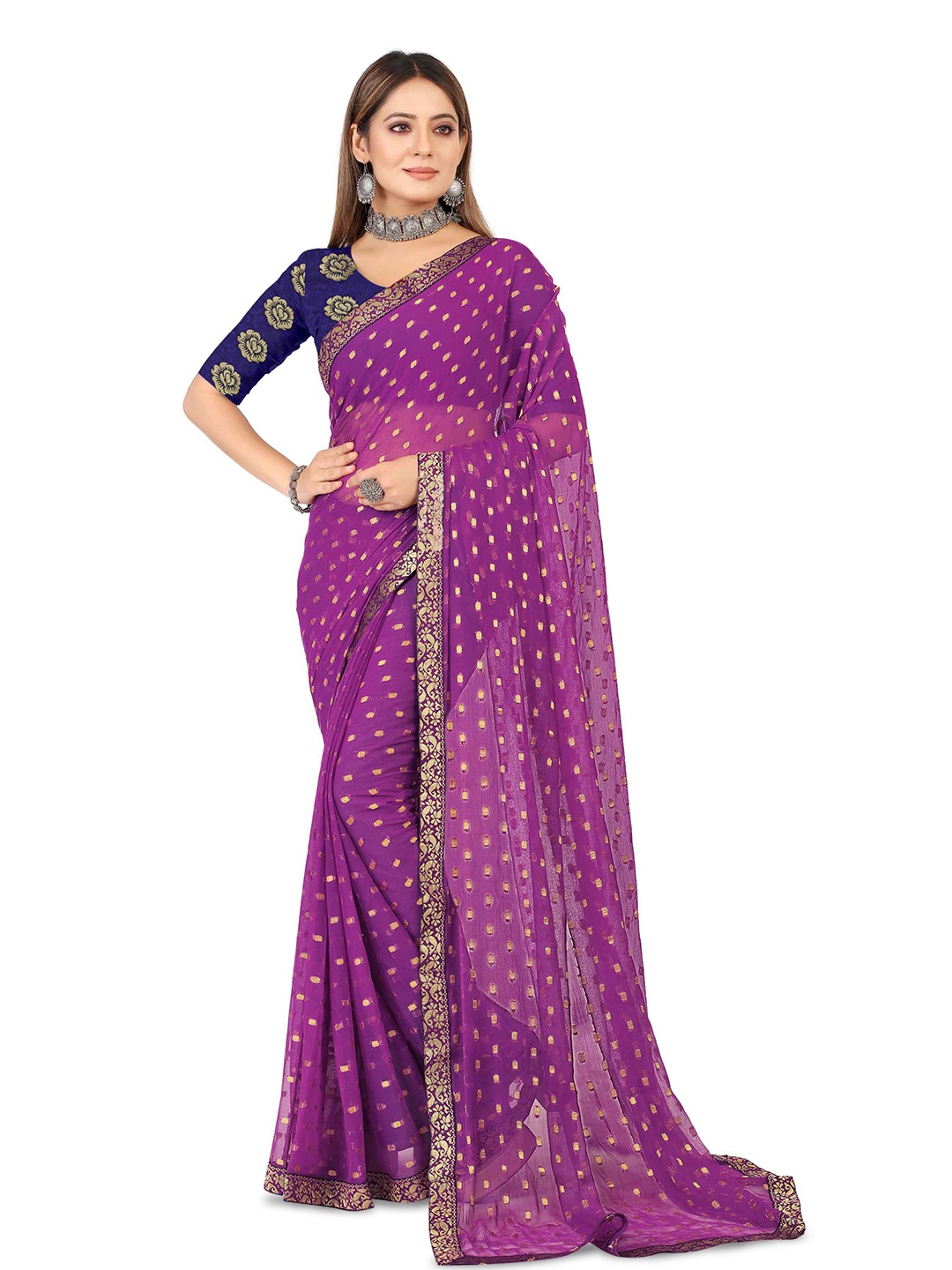 

Aardiva Woven Design Zari Pure Chiffon Saree, Purple