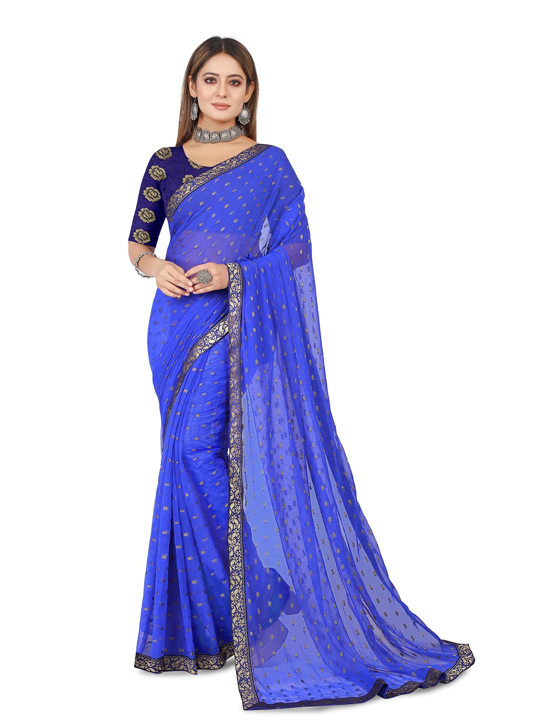 

Aardiva Ethnic Motifs Woven Design Zari Pure Chiffon Saree, Blue