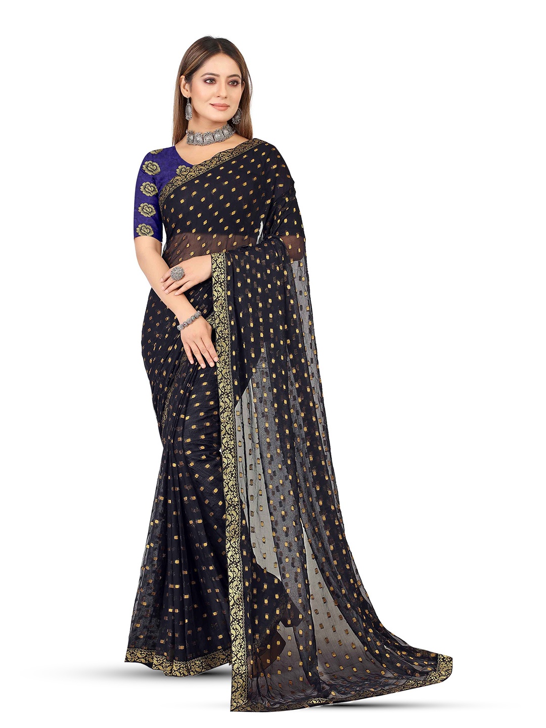 

Aardiva Ethnic Motifs Woven Design Zari Pure Chiffon Saree, Black