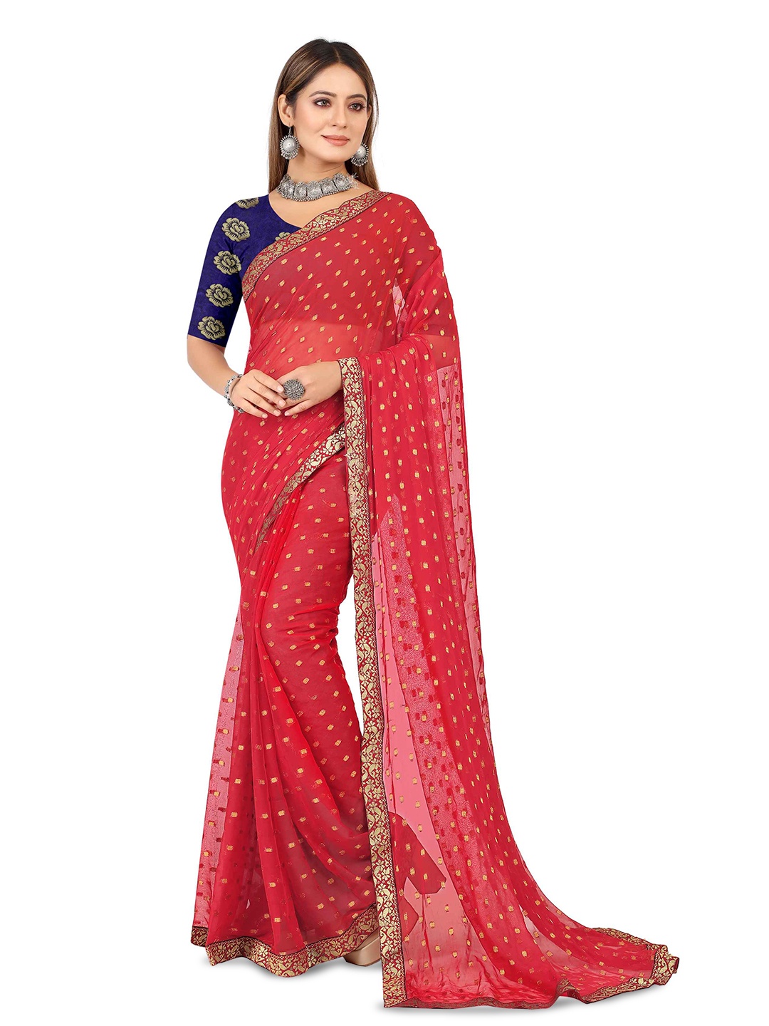 

Aardiva Ethnic Motifs Woven Design Zari Pure Chiffon Saree, Red