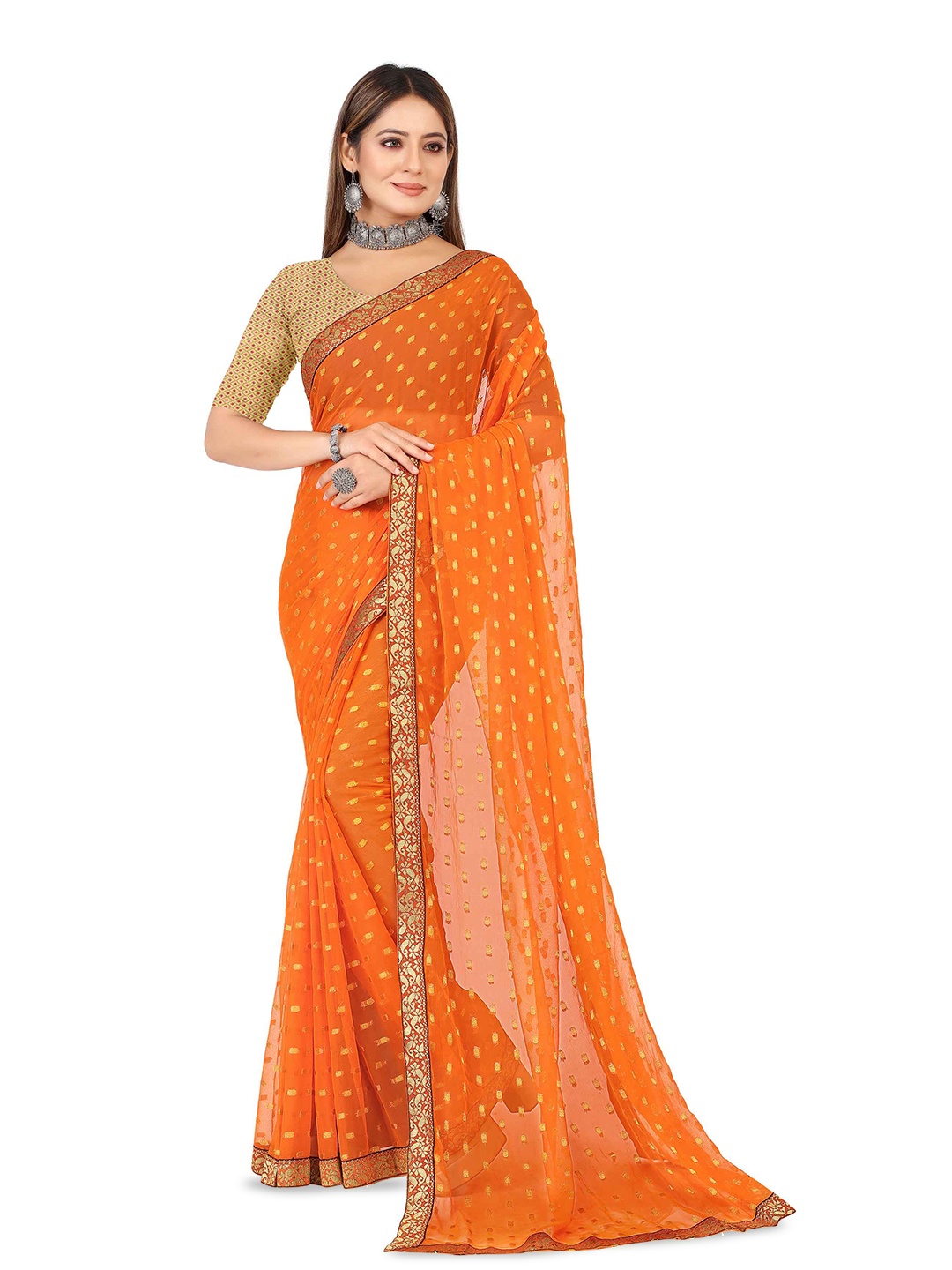 

Aardiva Ethnic Motifs Woven Design Zari Pure Chiffon Saree, Orange