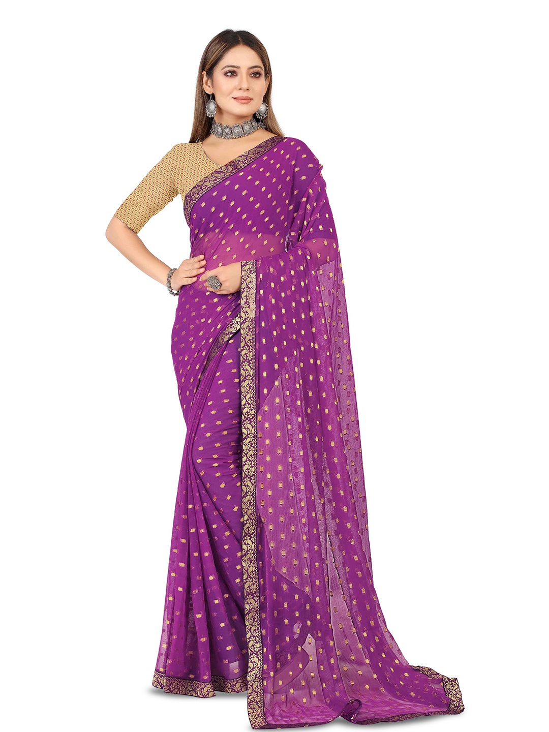 

Aardiva Ethnic Motifs Woven Design Zari Pure Chiffon Saree, Purple