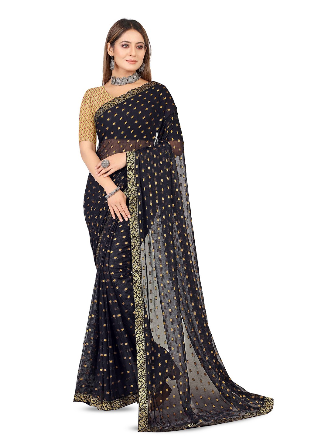 

Aardiva Zari Pure Chiffon Saree, Black