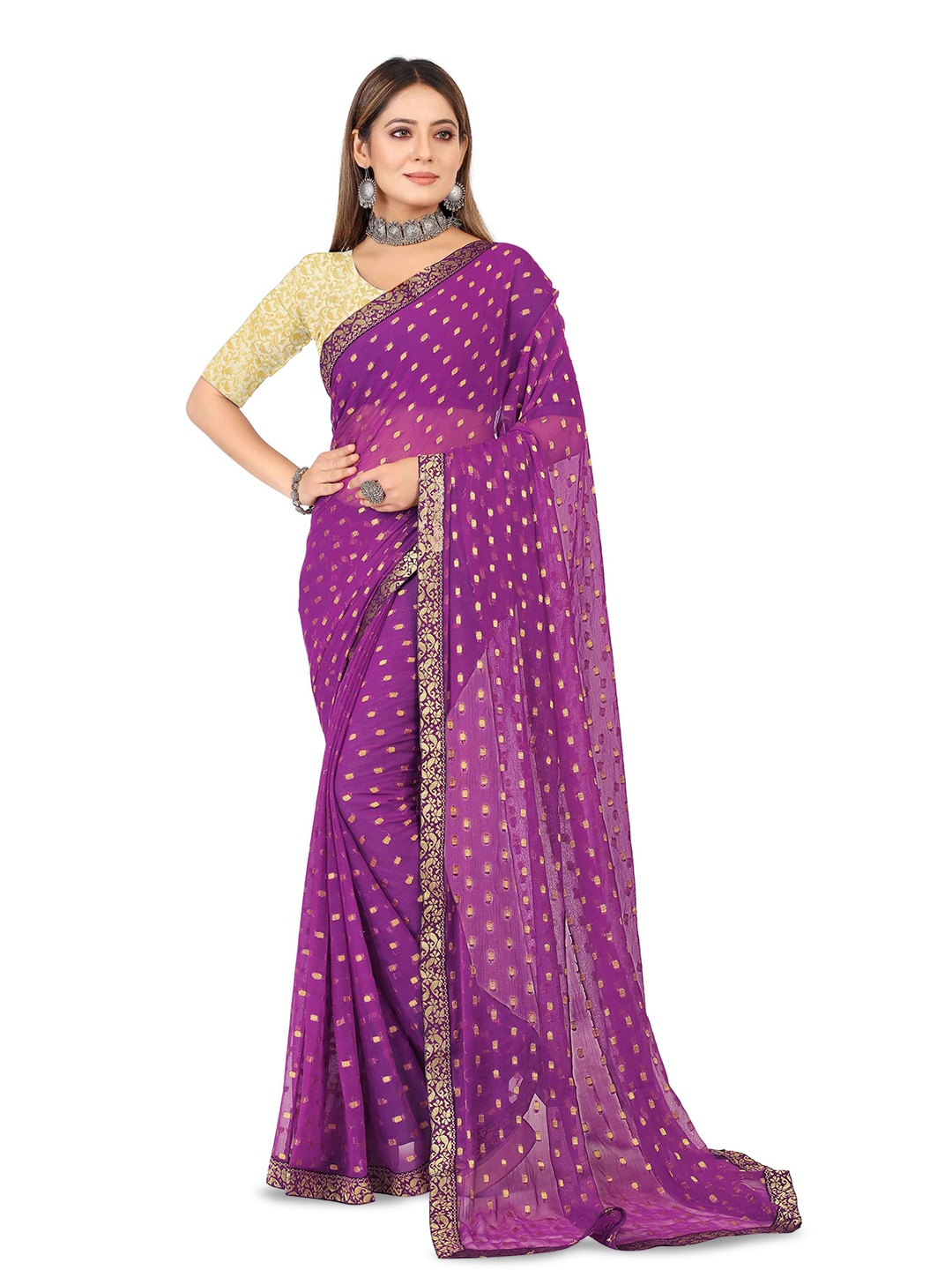 

Aardiva Woven Design Zari Pure Chiffon Saree, Purple