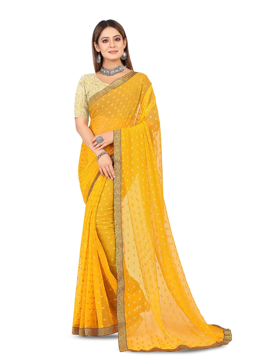 

Aardiva Ethnic Motifs Woven Design Zari Pure Chiffon Saree, Yellow