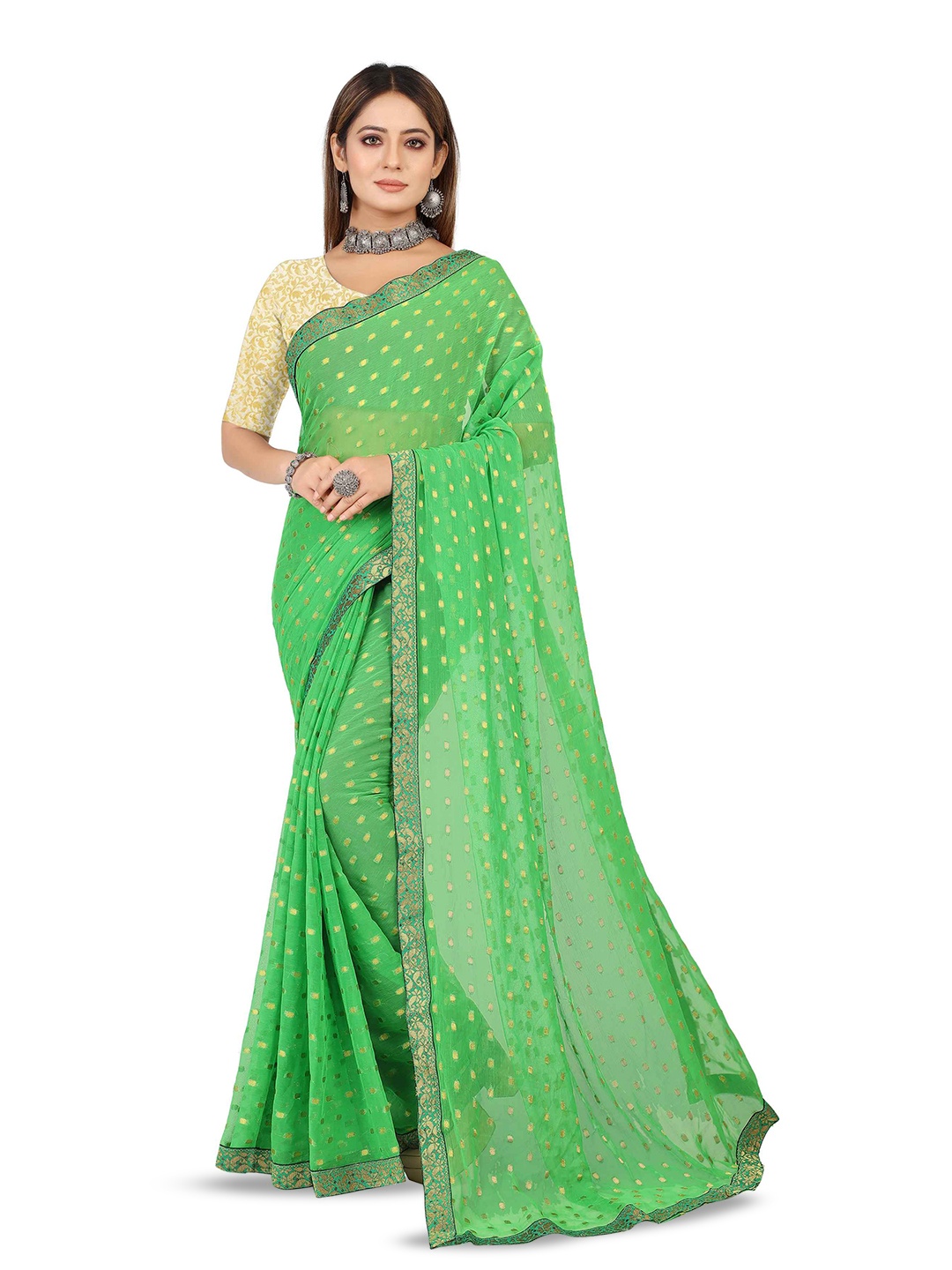 

Aardiva Ethnic Motifs Woven Design Patchwork Pure Chiffon Saree, Green