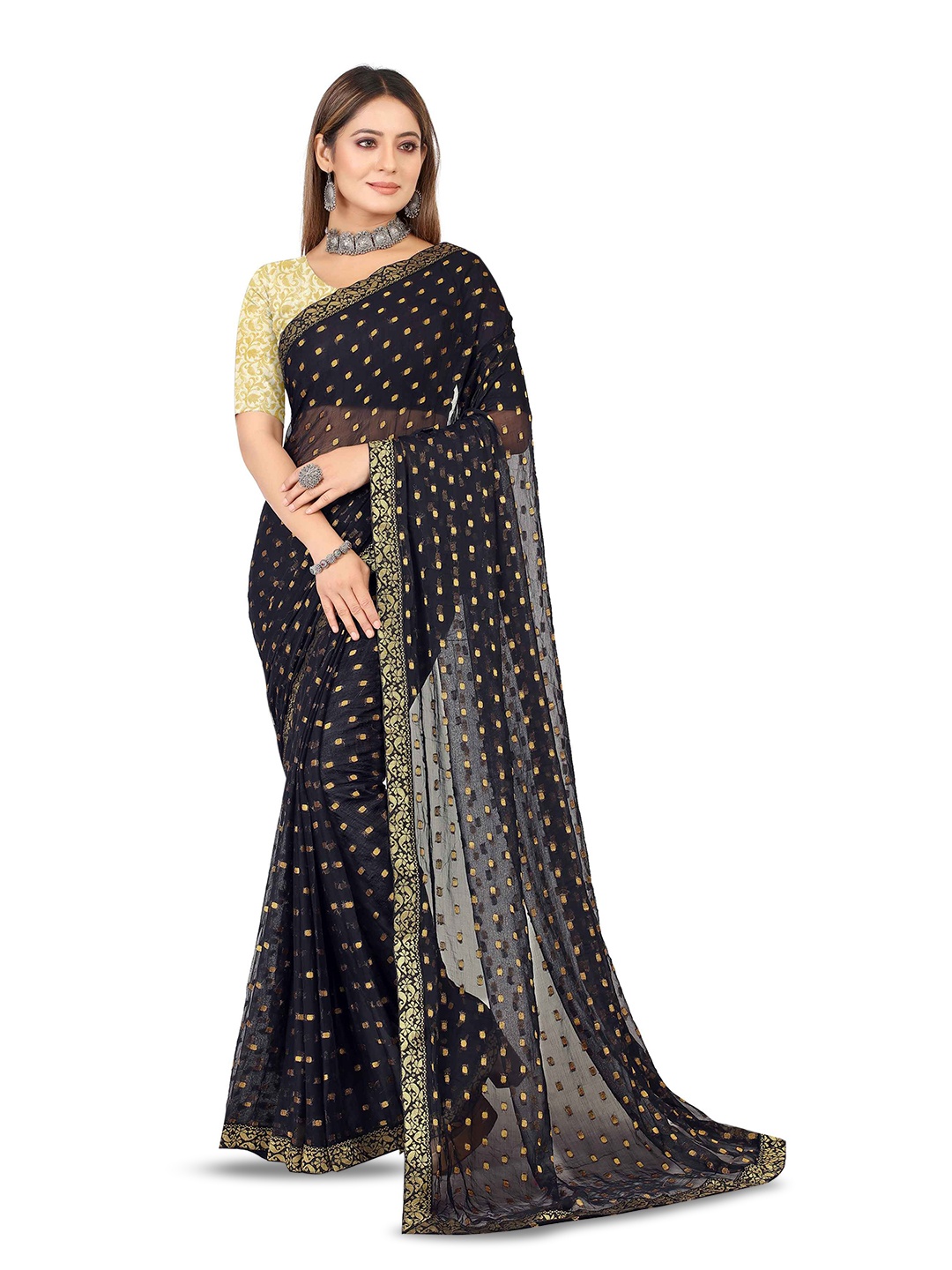 

Aardiva Ethnic Motifs Woven Design Zari Pure Chiffon Saree, Black