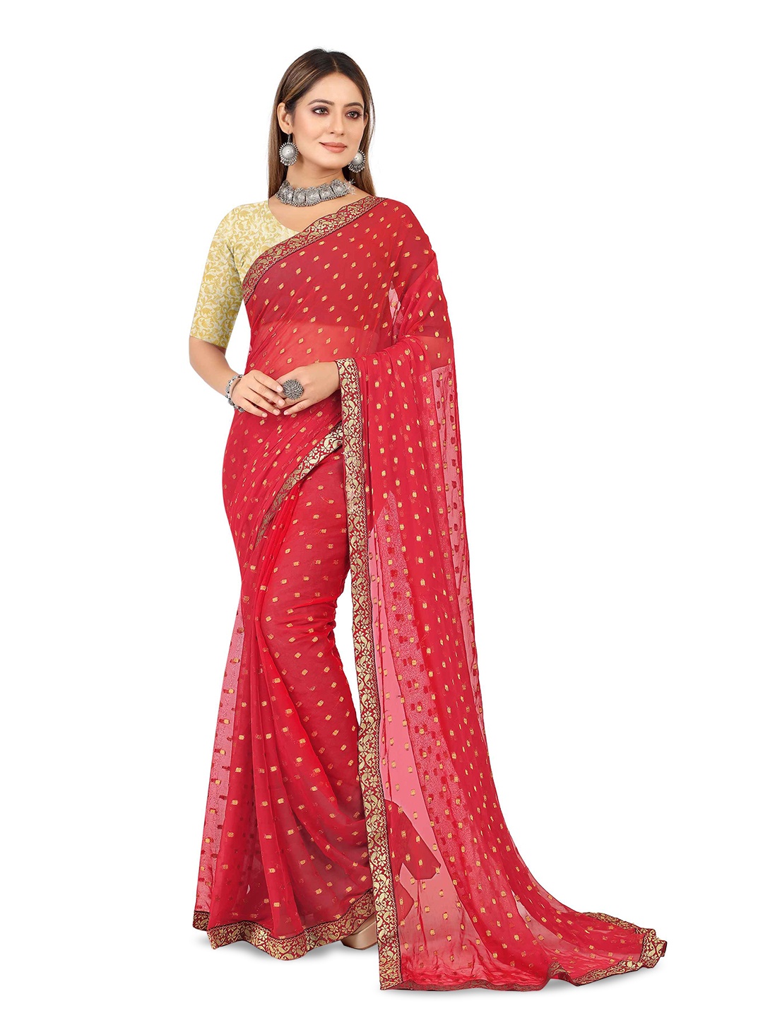

Aardiva Ethnic Motifs Woven Design Zari Pure Chiffon Saree, Red