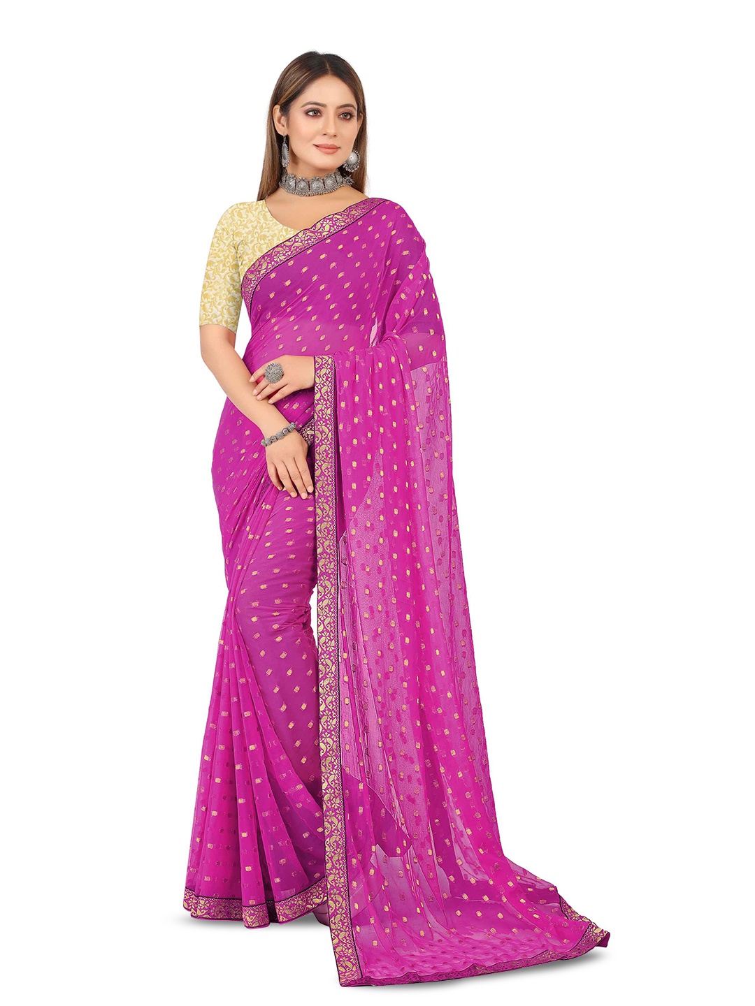 

Aardiva Geometric Woven Design Patchwork Pure Chiffon Saree, Pink