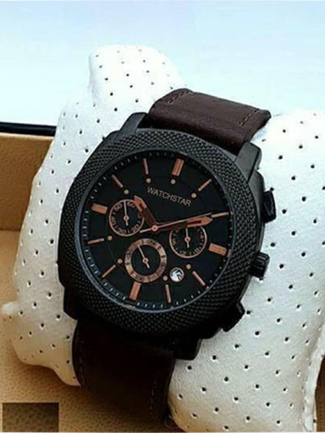 

WATCHSTAR Men Patterned Dial & Leather Bracelet Style Straps Analogue Watch FL BlackNM, Black