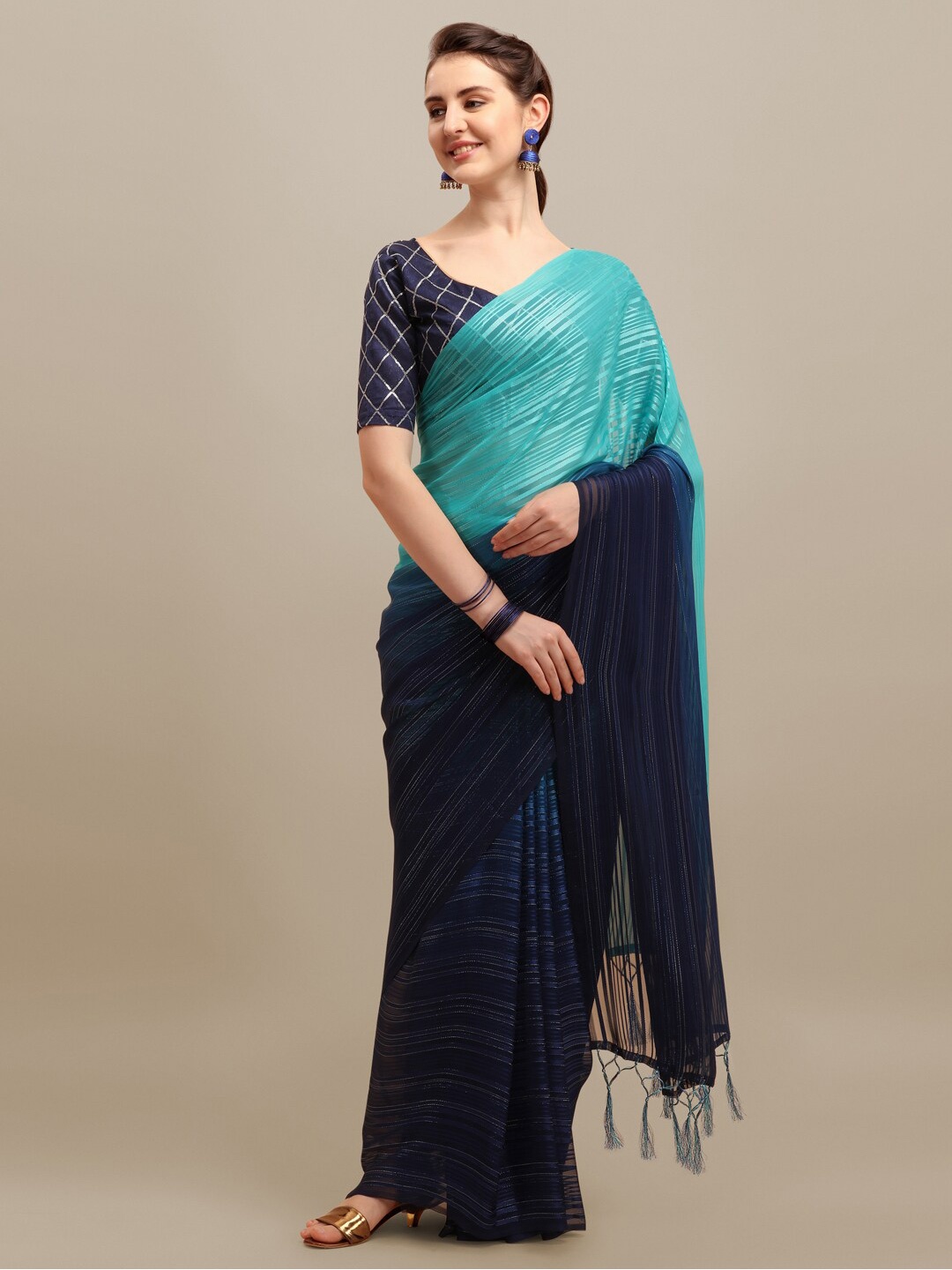 

KALINI Striped Zari Saree, Navy blue