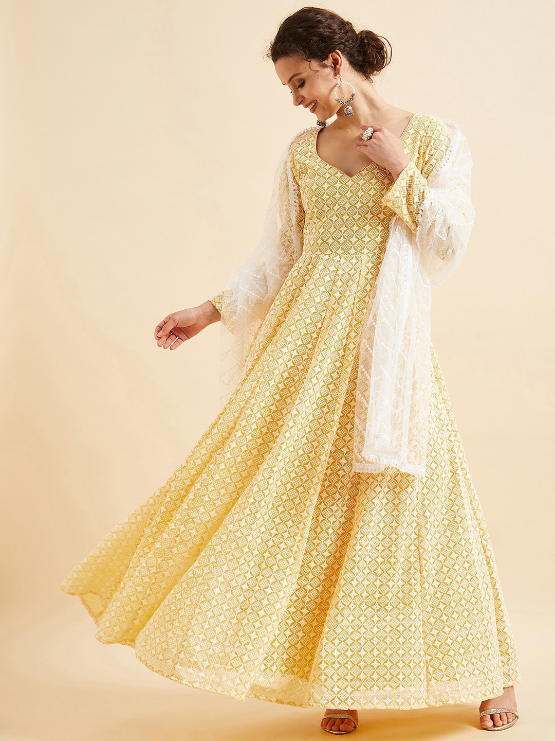 

PANIT Yellow Ethnic Motifs Embroidered Georgette Fit & Flare Ethnic Dress With Dupatta
