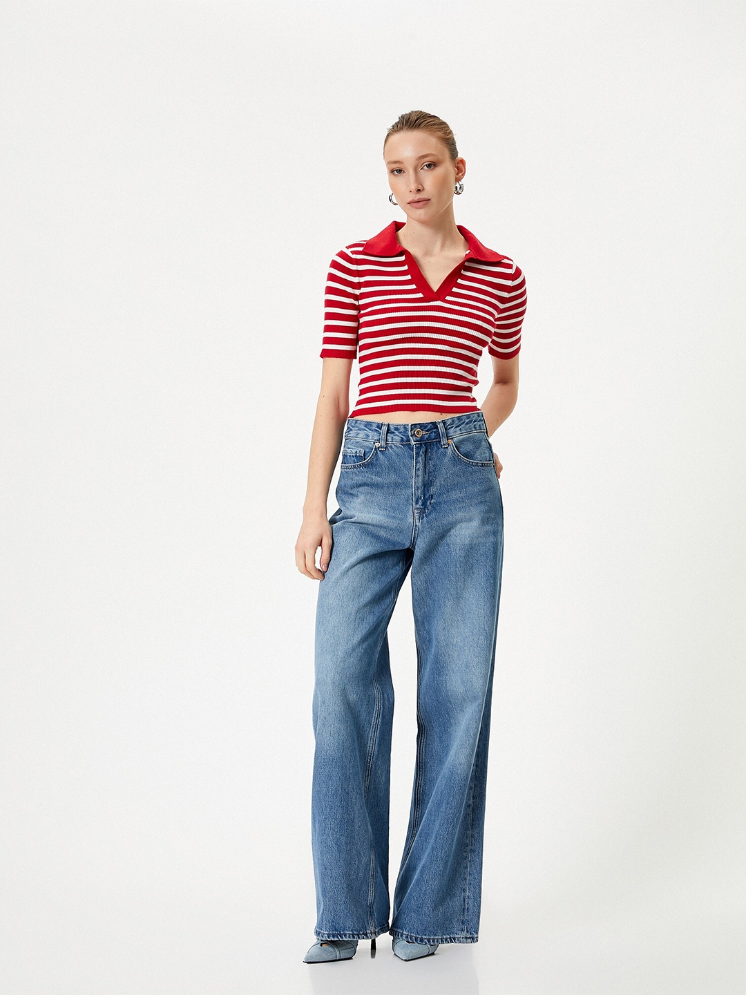 

Koton Striped Polo Collar Crop T-Shirt, Red