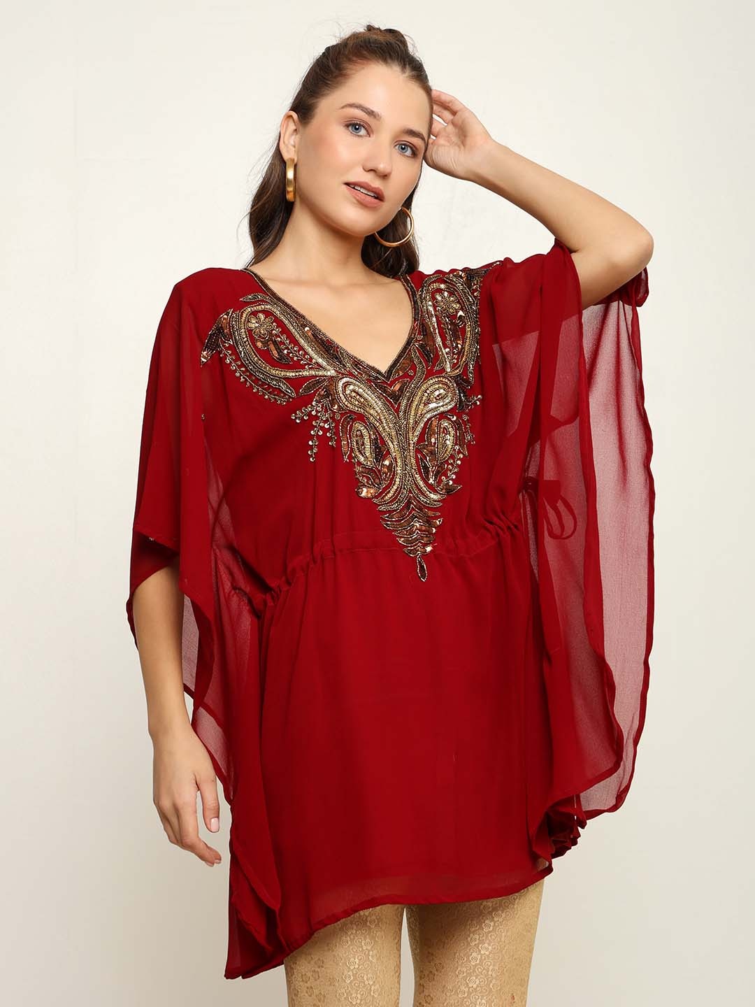 

CRAFTBAZAR Bling Collection Bead Embellished Georgette Kaftan Tunic, Maroon