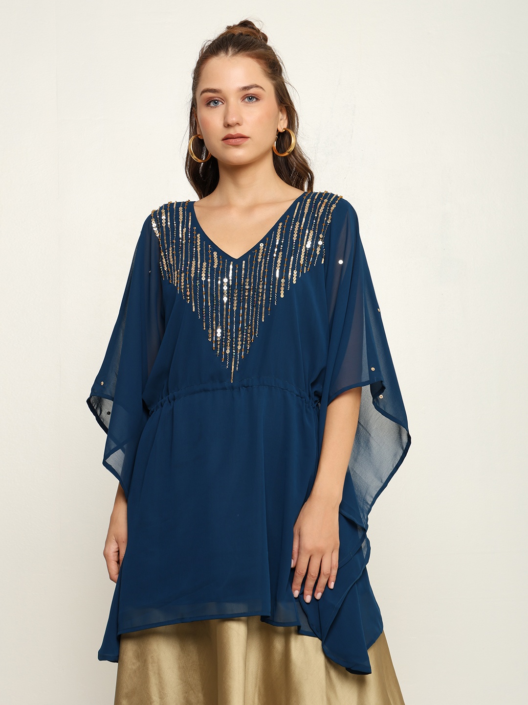 

CRAFTBAZAR Bling Collection Bead Embellished Georgette Kaftan Tunic, Navy blue